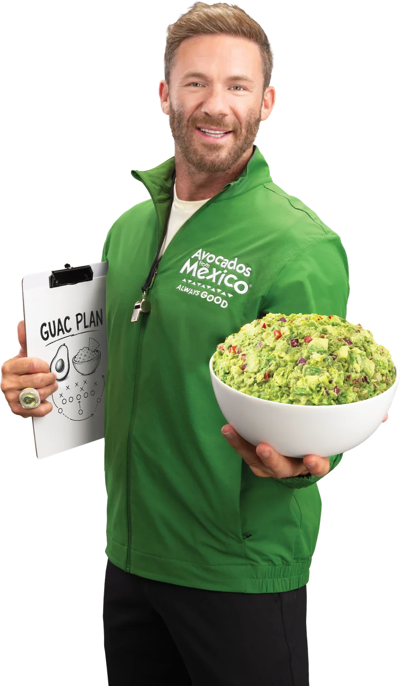 Julian Edelman holding a guac game plan and a bowl of guacamole